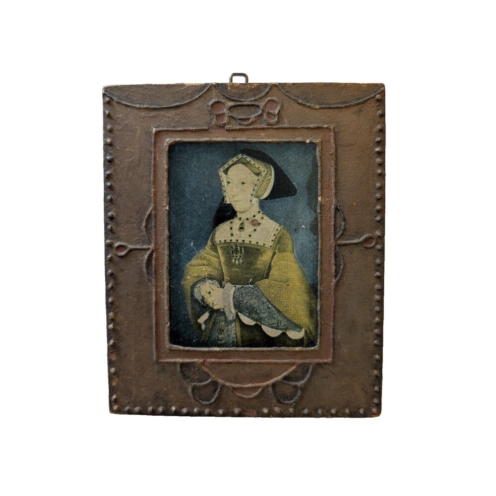 Antique Jane Seymour Holbein Portrait Tooled Leather Style Frame Dated 1930 6x5"